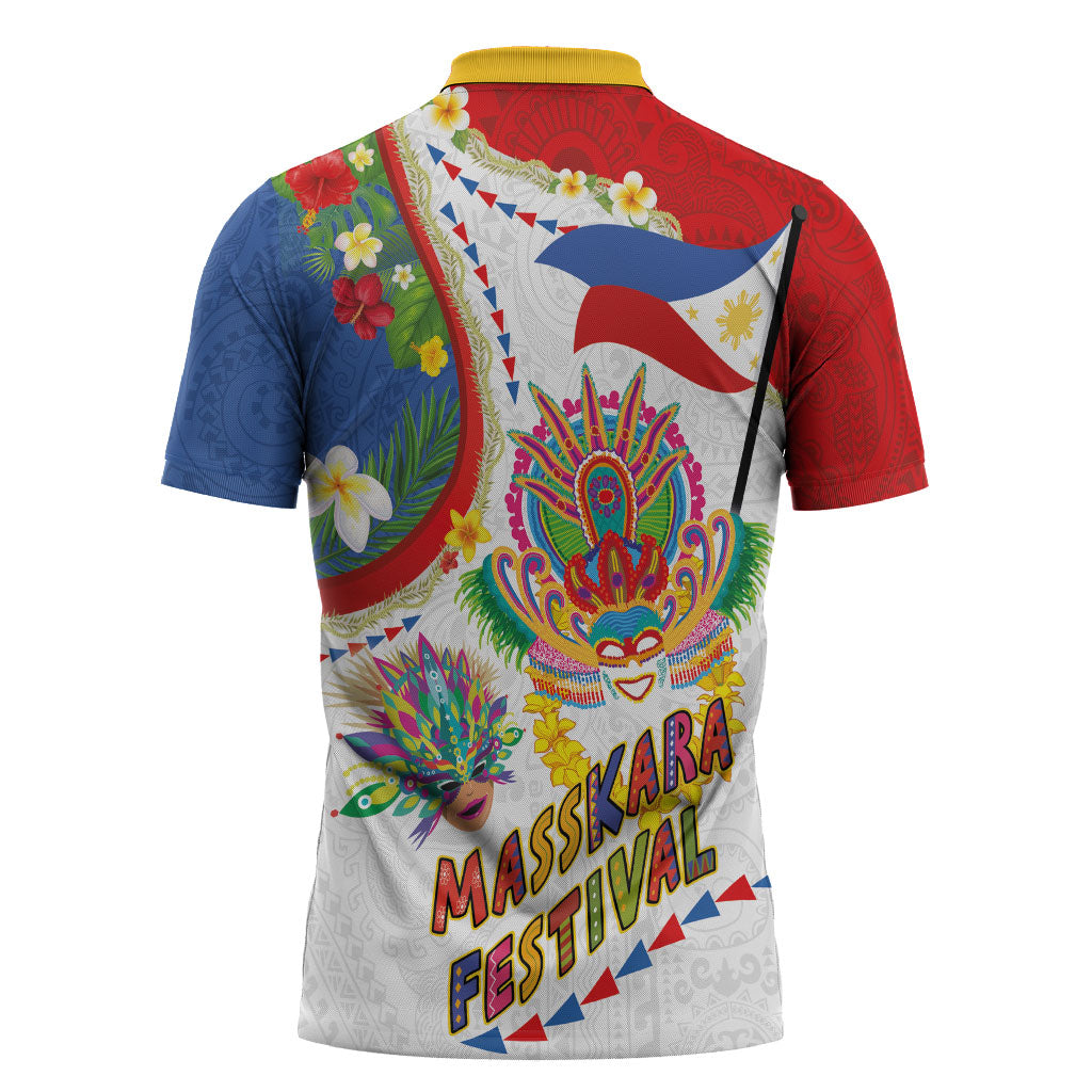 Philippines MassKara Festival Zipper Polo Shirt Smile Masks with Hawaiian Art Pattern and Tropical Plants