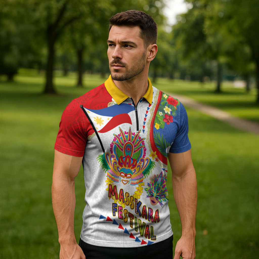 Philippines MassKara Festival Zipper Polo Shirt Smile Masks with Hawaiian Art Pattern and Tropical Plants