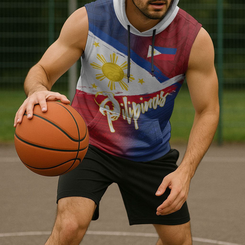 Philippines Basketball Custom Sleeveless Hoodie Pilipinas Tribal Pattern