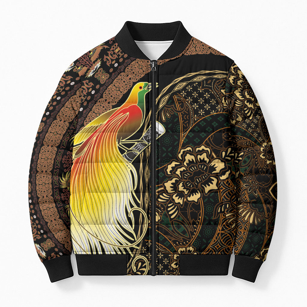 Papua New Guinea and Indonesia Batik Bomber Puffer Jacket Bird of Paradise with Tribal Batik Patterns LT03 Unisex Multicolor - Polynesian Pride