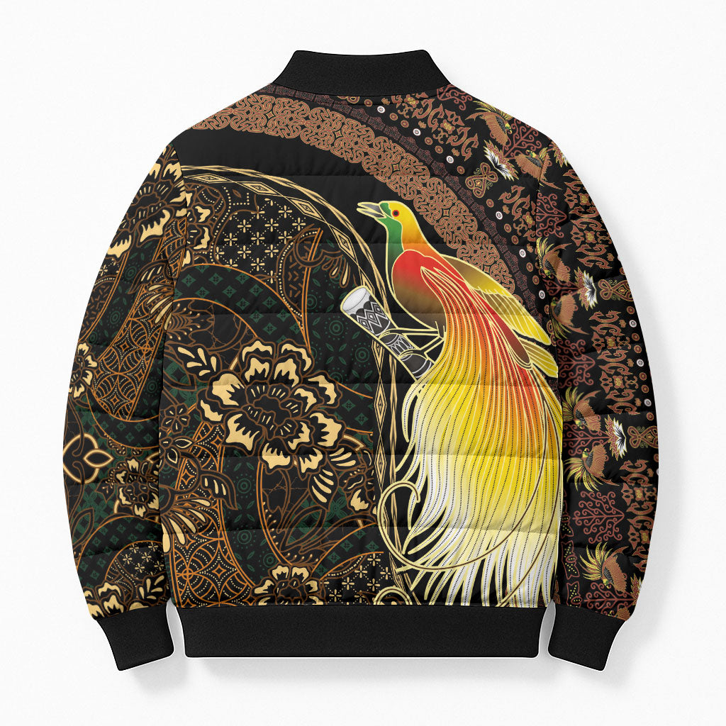 Papua New Guinea and Indonesia Batik Bomber Puffer Jacket Bird of Paradise with Tribal Batik Patterns