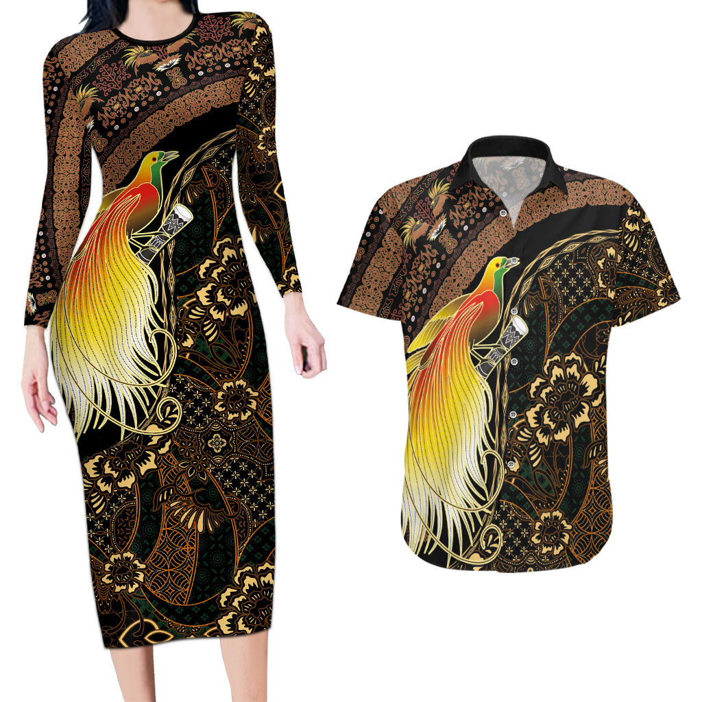 Papua New Guinea and Indonesia Batik Couples Matching Long Sleeve Bodycon Dress and Hawaiian Shirt Bird of Paradise with Tribal Batik Patterns LT03 Multicolor - Polynesian Pride