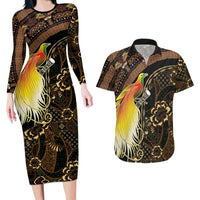 Papua New Guinea and Indonesia Batik Couples Matching Long Sleeve Bodycon Dress and Hawaiian Shirt Bird of Paradise with Tribal Batik Patterns LT03 Multicolor - Polynesian Pride