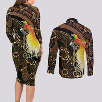 Papua New Guinea and Indonesia Batik Couples Matching Long Sleeve Bodycon Dress and Long Sleeve Button Shirt Bird of Paradise with Tribal Batik Patterns LT03 - Polynesian Pride