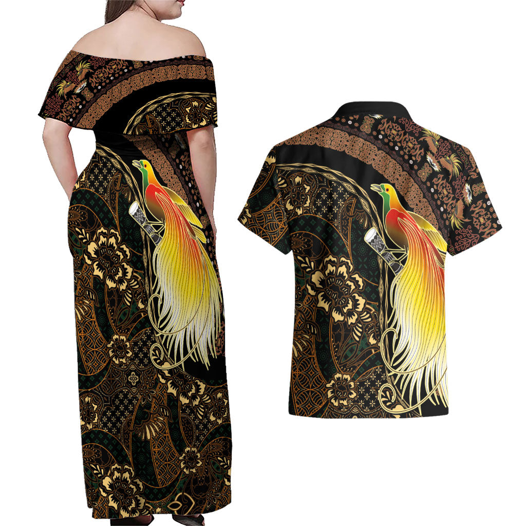 Papua New Guinea and Indonesia Batik Couples Matching Off Shoulder Maxi Dress and Hawaiian Shirt Bird of Paradise with Tribal Batik Patterns LT03 - Polynesian Pride
