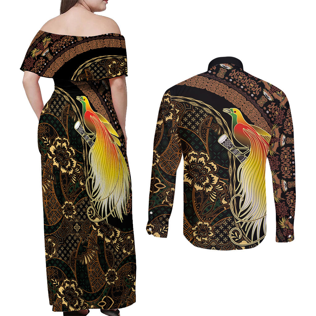 Papua New Guinea and Indonesia Batik Couples Matching Off Shoulder Maxi Dress and Long Sleeve Button Shirt Bird of Paradise with Tribal Batik Patterns LT03 - Polynesian Pride