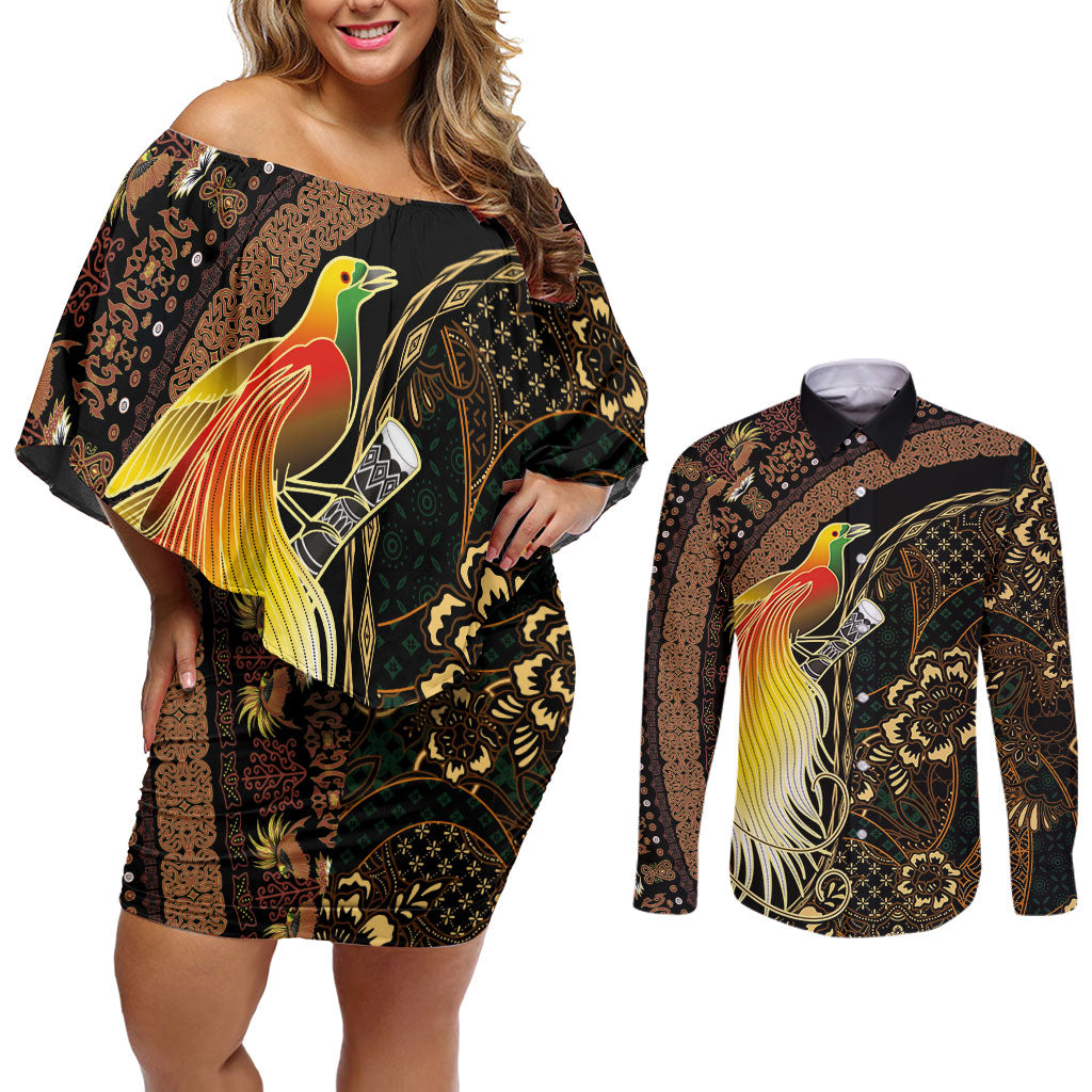 Papua New Guinea and Indonesia Batik Couples Matching Off Shoulder Short Dress and Long Sleeve Button Shirt Bird of Paradise with Tribal Batik Patterns LT03 Multicolor - Polynesian Pride
