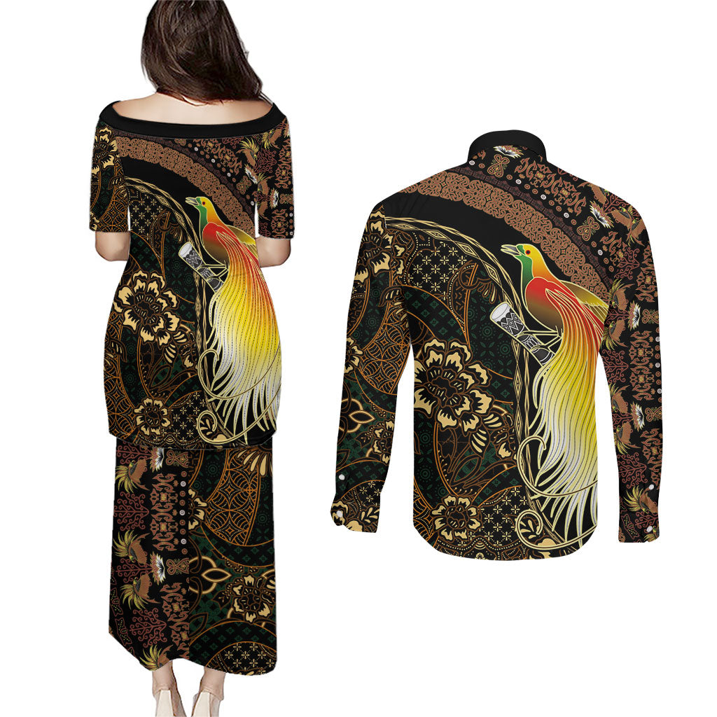 Papua New Guinea and Indonesia Batik Couples Matching Puletasi and Long Sleeve Button Shirt Bird of Paradise with Tribal Batik Patterns LT03 - Polynesian Pride