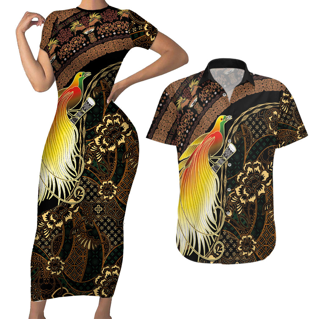 Papua New Guinea and Indonesia Batik Couples Matching Short Sleeve Bodycon Dress and Hawaiian Shirt Bird of Paradise with Tribal Batik Patterns LT03 Multicolor - Polynesian Pride