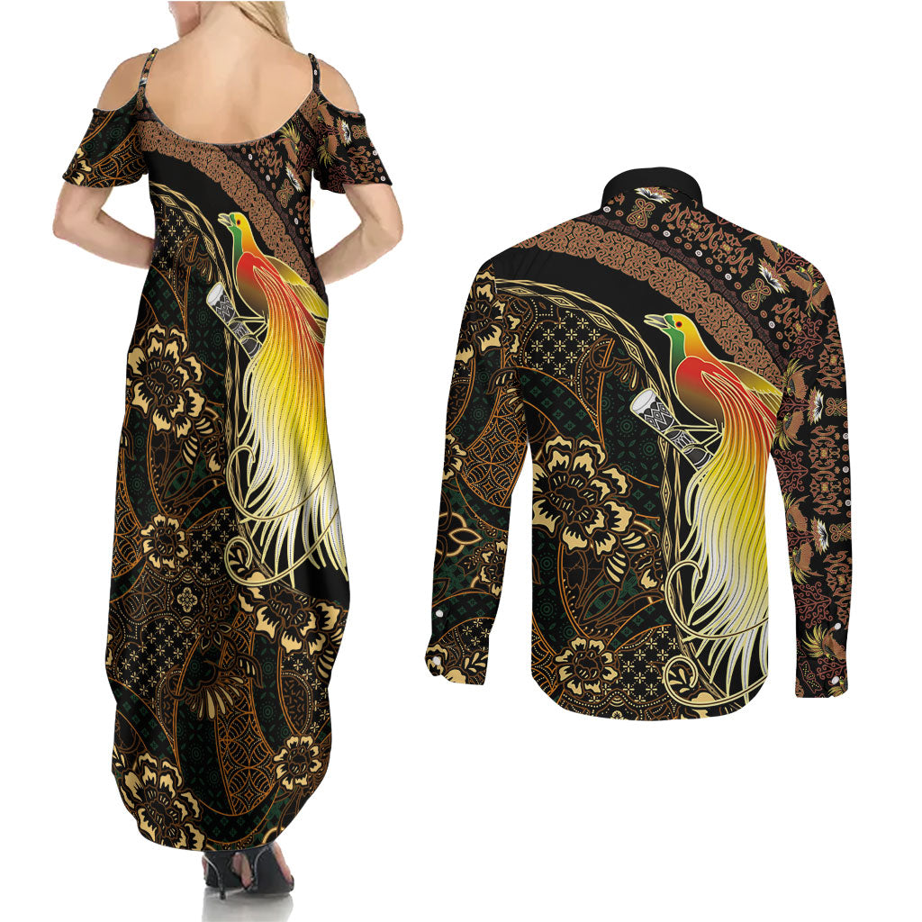 Papua New Guinea and Indonesia Batik Couples Matching Summer Maxi Dress and Long Sleeve Button Shirt Bird of Paradise with Tribal Batik Patterns LT03 - Polynesian Pride