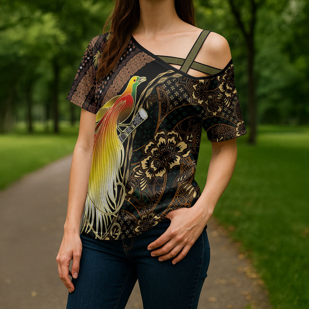 Papua New Guinea and Indonesia Batik Cross Shoulder Shirt Bird of Paradise with Tribal Batik Patterns