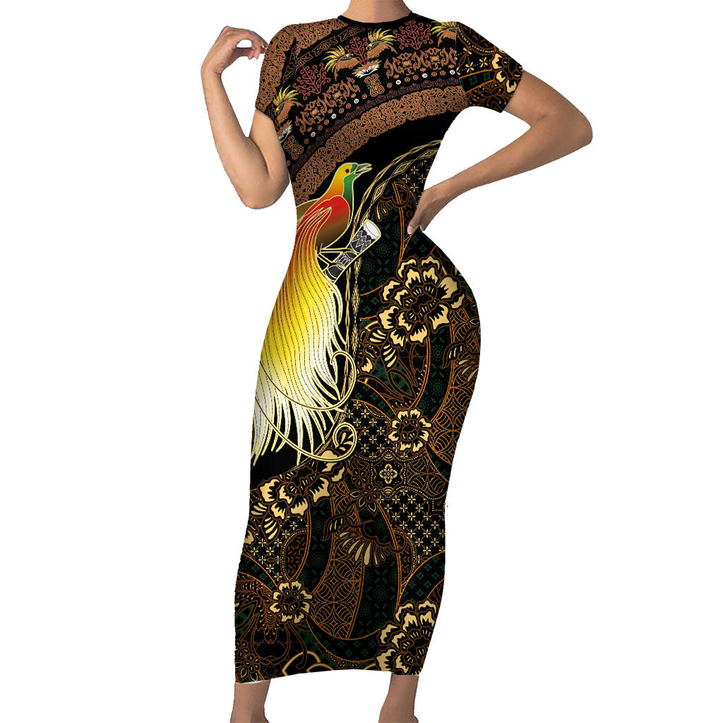 Papua New Guinea and Indonesia Batik Family Matching Short Sleeve Bodycon Dress and Hawaiian Shirt Bird of Paradise with Tribal Batik Patterns LT03 Mom's Dress Multicolor - Polynesian Pride
