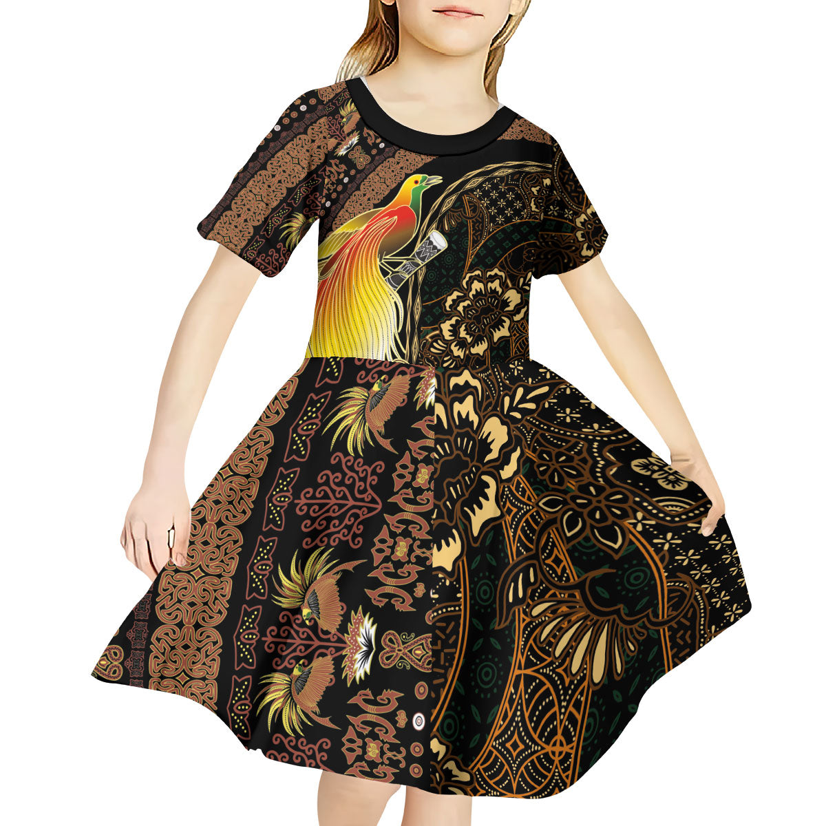 Papua New Guinea and Indonesia Batik Kid Short Sleeve Dress Bird of Paradise with Tribal Batik Patterns LT03 - Polynesian Pride