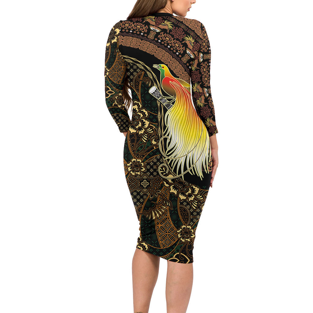 Papua New Guinea and Indonesia Batik Long Sleeve Bodycon Dress Bird of Paradise with Tribal Batik Patterns LT03 - Polynesian Pride