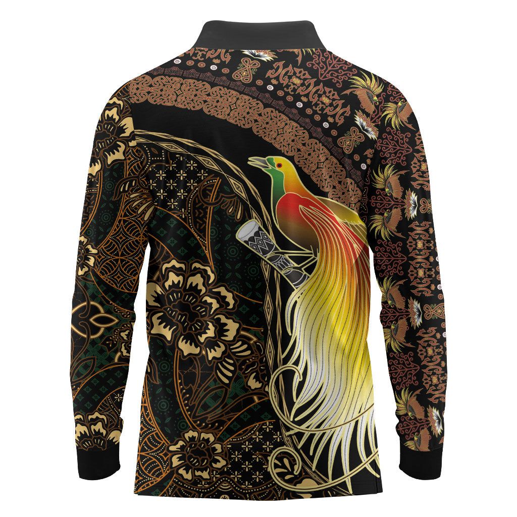 Papua New Guinea and Indonesia Batik Long Sleeve Polo Shirt Bird of Paradise with Tribal Batik Patterns LT03 - Polynesian Pride