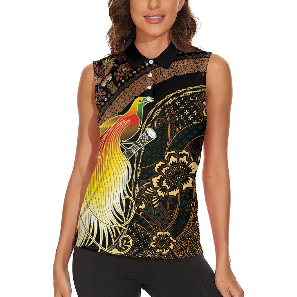 Papua New Guinea and Indonesia Batik Women Sleeveless Polo Shirt Bird of Paradise with Tribal Batik Patterns LT03 - Polynesian Pride