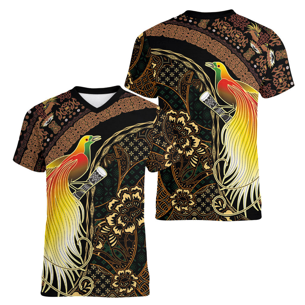 Papua New Guinea and Indonesia Batik Women V-Neck T-Shirt Bird of Paradise with Tribal Batik Patterns LT03 - Polynesian Pride