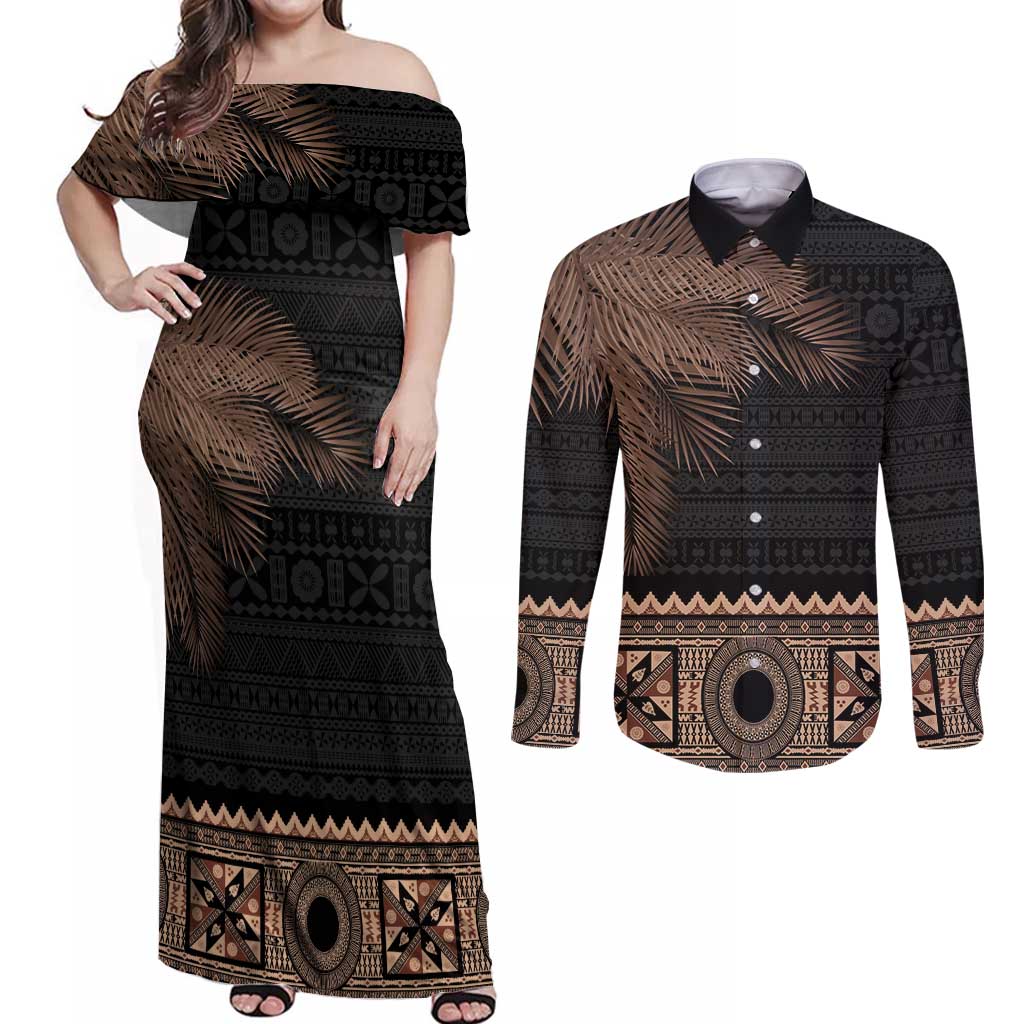 Fiji Palm Leaves Couples Matching Off Shoulder Maxi Dress and Long Sleeve Button Shirt Masi and Tapa Tribal Pattern Beige Color