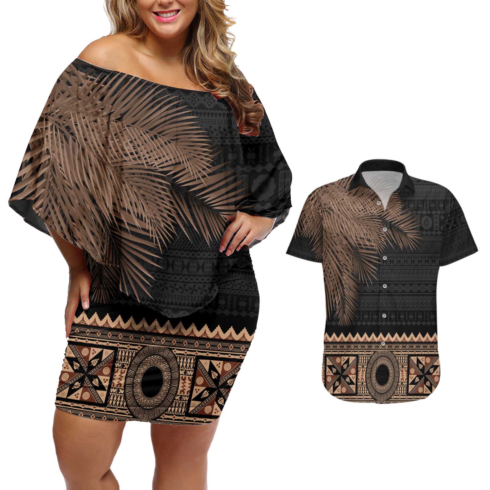 Fiji Palm Leaves Couples Matching Off Shoulder Short Dress and Hawaiian Shirt Masi and Tapa Tribal Pattern Beige Color