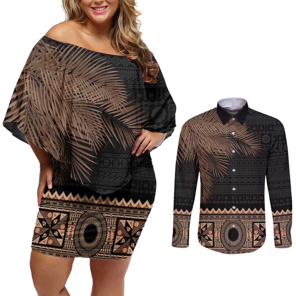 Fiji Palm Leaves Couples Matching Off Shoulder Short Dress and Long Sleeve Button Shirt Masi and Tapa Tribal Pattern Beige Color