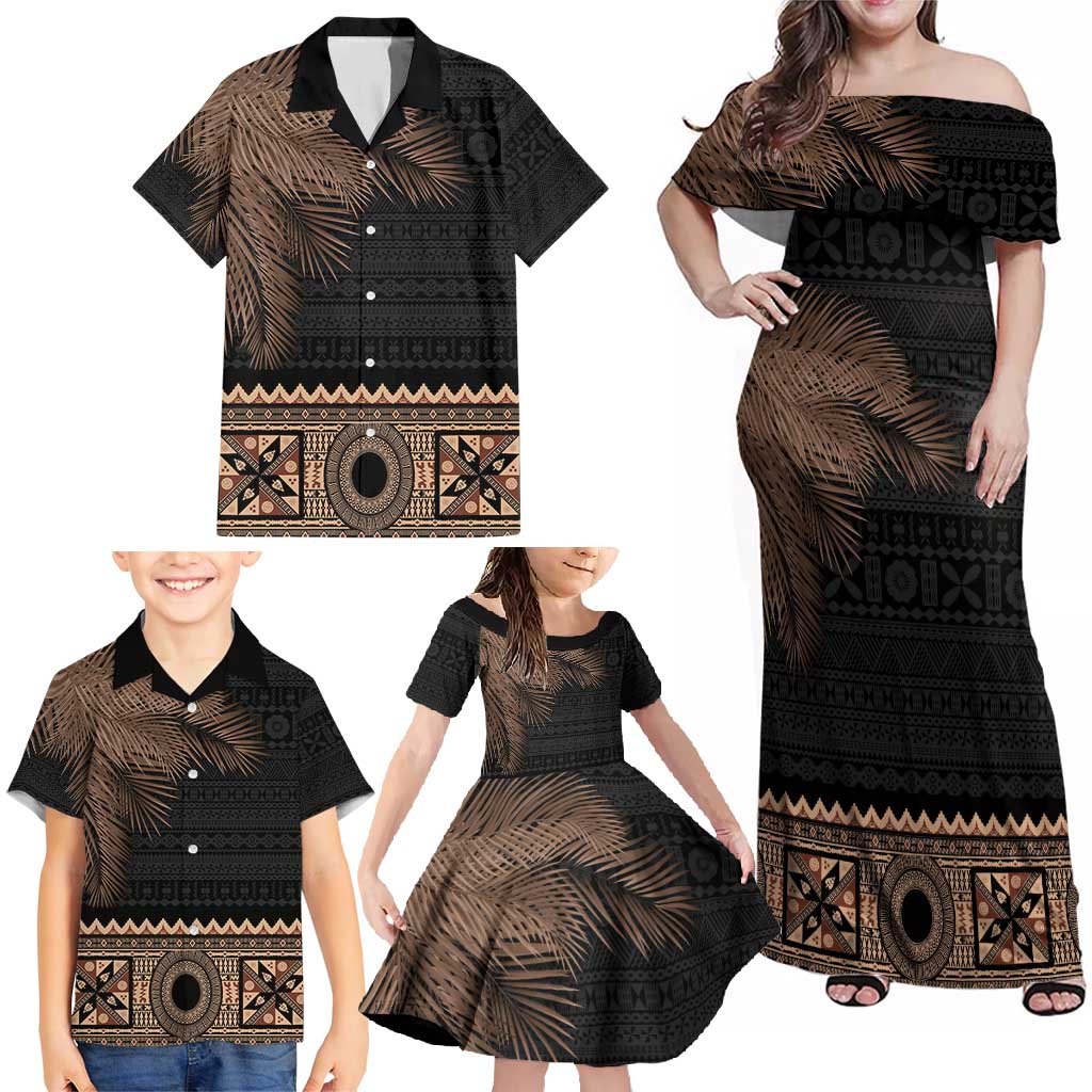 Fiji Palm Leaves Family Matching Off Shoulder Maxi Dress and Hawaiian Shirt Masi and Tapa Tribal Pattern Beige Color