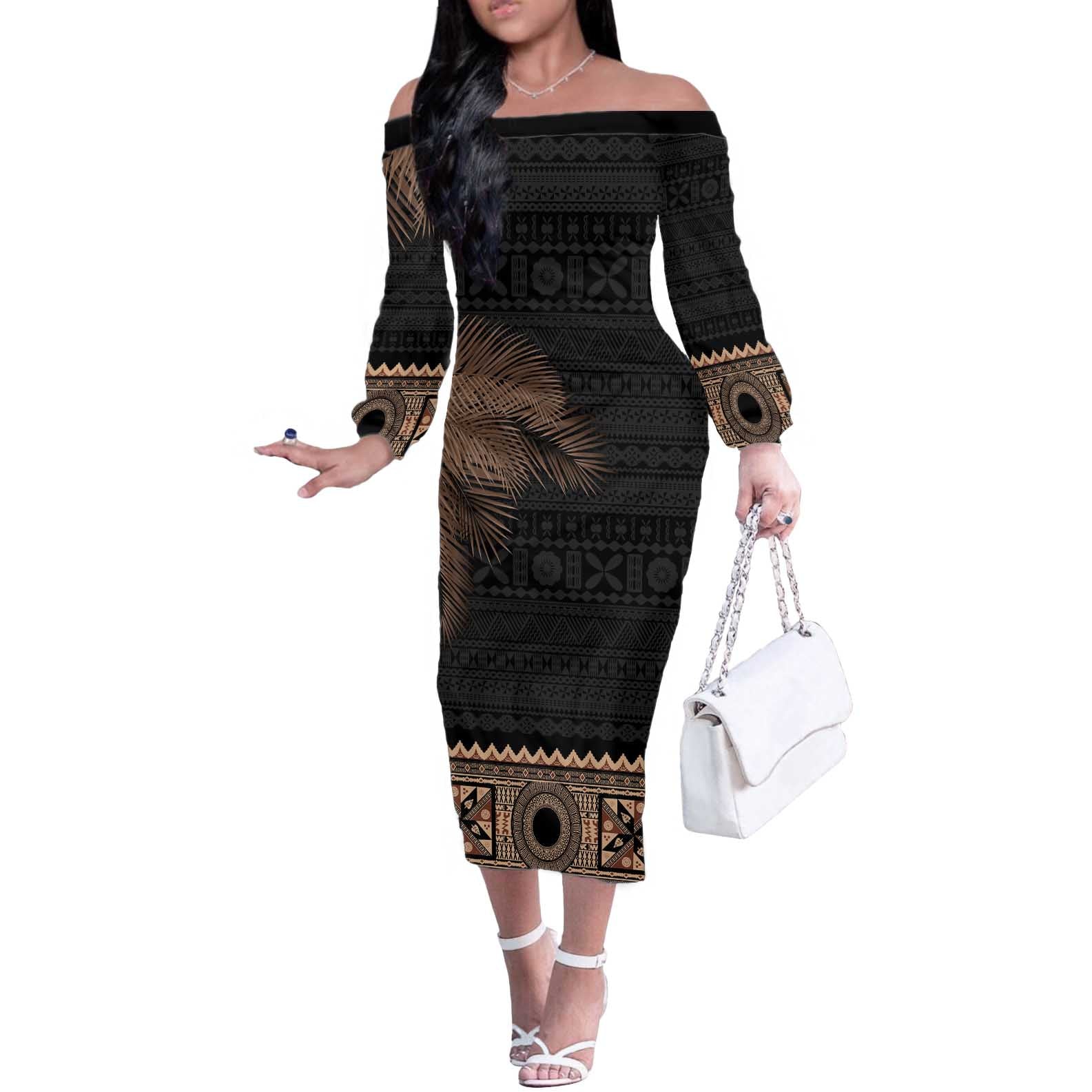 Fiji Palm Leaves Off The Shoulder Long Sleeve Dress Masi and Tapa Tribal Pattern Beige Color