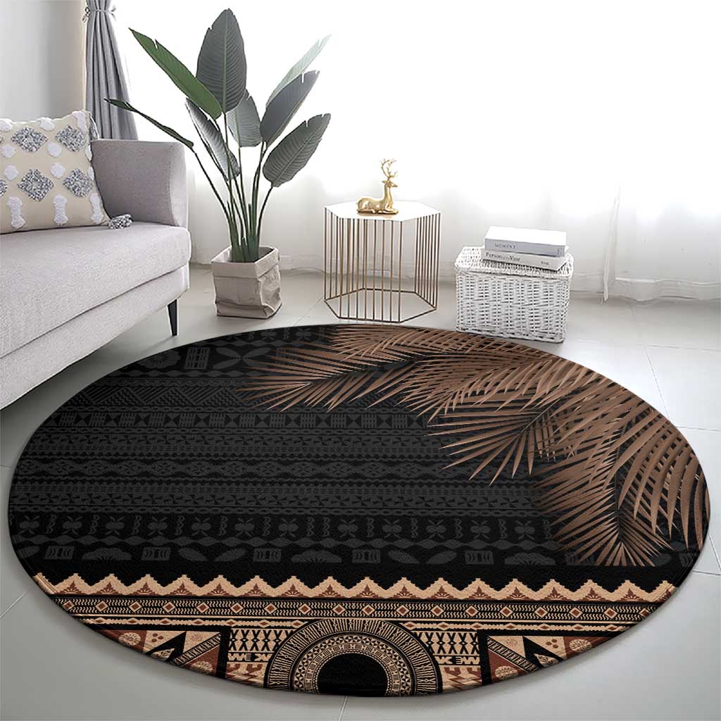 Fiji Palm Leaves Round Carpet Masi and Tapa Tribal Pattern Beige Color