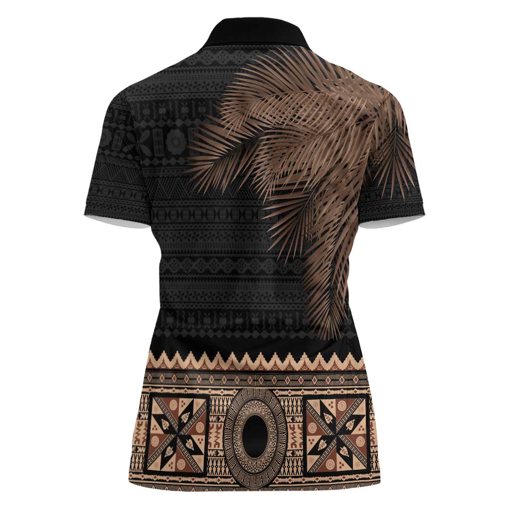 Fiji Palm Leaves Women Polo Shirt Masi and Tapa Tribal Pattern Beige Color