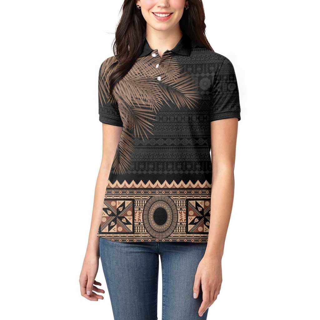 Fiji Palm Leaves Women Polo Shirt Masi and Tapa Tribal Pattern Beige Color