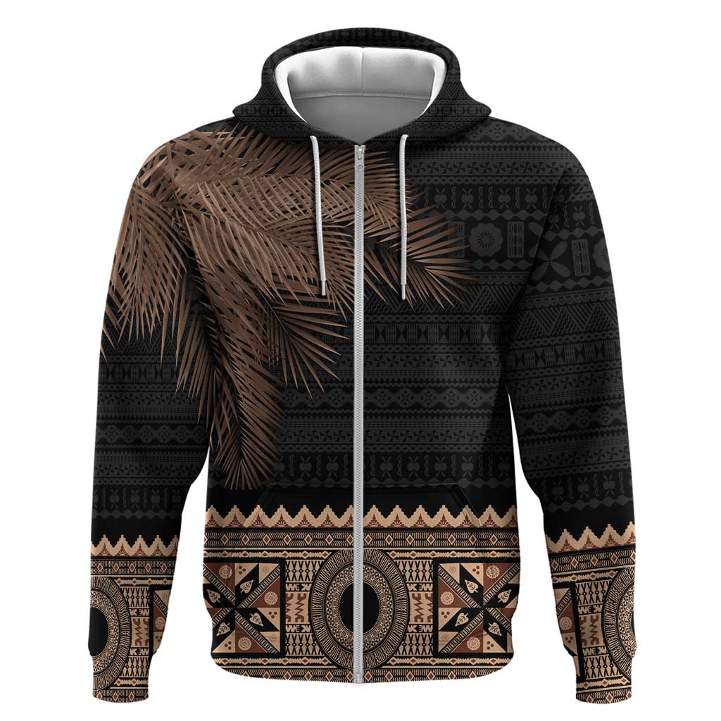 Fiji Palm Leaves Zip Hoodie Masi and Tapa Tribal Pattern Beige Color