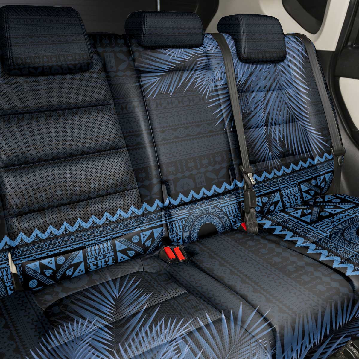 Fiji Palm Leaves Back Car Seat Cover Masi and Tapa Tribal Pattern Blue Color