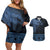 Fiji Palm Leaves Couples Matching Off Shoulder Short Dress and Hawaiian Shirt Masi and Tapa Tribal Pattern Blue Color