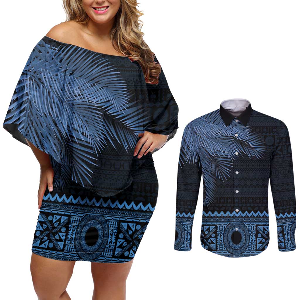 Fiji Palm Leaves Couples Matching Off Shoulder Short Dress and Long Sleeve Button Shirt Masi and Tapa Tribal Pattern Blue Color