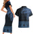 Fiji Palm Leaves Couples Matching Short Sleeve Bodycon Dress and Hawaiian Shirt Masi and Tapa Tribal Pattern Blue Color