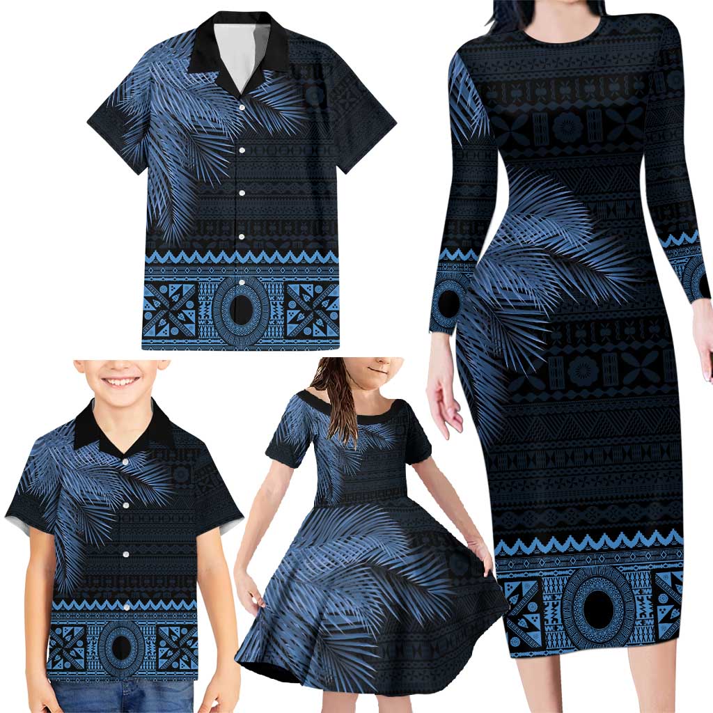 Fiji Palm Leaves Family Matching Long Sleeve Bodycon Dress and Hawaiian Shirt Masi and Tapa Tribal Pattern Blue Color