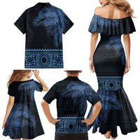 Fiji Palm Leaves Family Matching Mermaid Dress and Hawaiian Shirt Masi and Tapa Tribal Pattern Blue Color