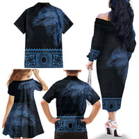 Fiji Palm Leaves Family Matching Off The Shoulder Long Sleeve Dress and Hawaiian Shirt Masi and Tapa Tribal Pattern Blue Color