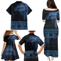 Fiji Palm Leaves Family Matching Puletasi and Hawaiian Shirt Masi and Tapa Tribal Pattern Blue Color