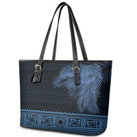 Fiji Palm Leaves Leather Tote Bag Masi and Tapa Tribal Pattern Blue Color