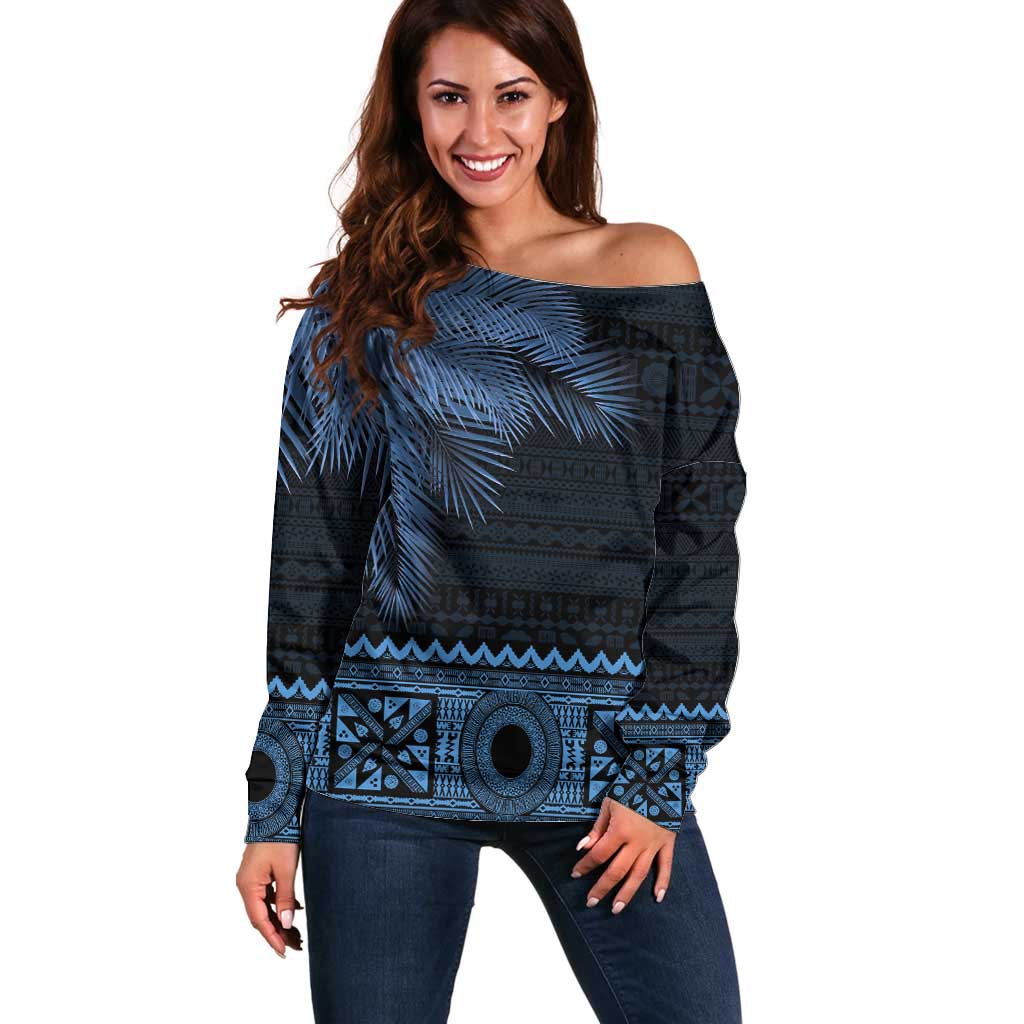 Fiji Palm Leaves Off Shoulder Sweater Masi and Tapa Tribal Pattern Blue Color