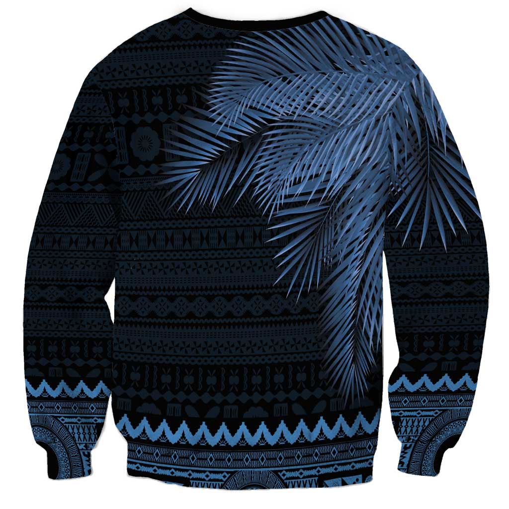 Fiji Palm Leaves Sweatshirt Masi and Tapa Tribal Pattern Blue Color