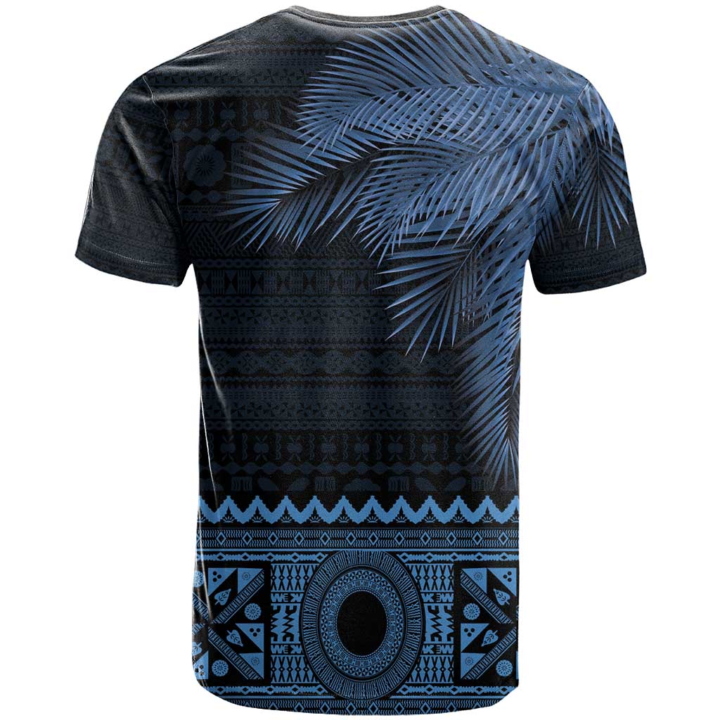 Fiji Palm Leaves T Shirt Masi and Tapa Tribal Pattern Blue Color