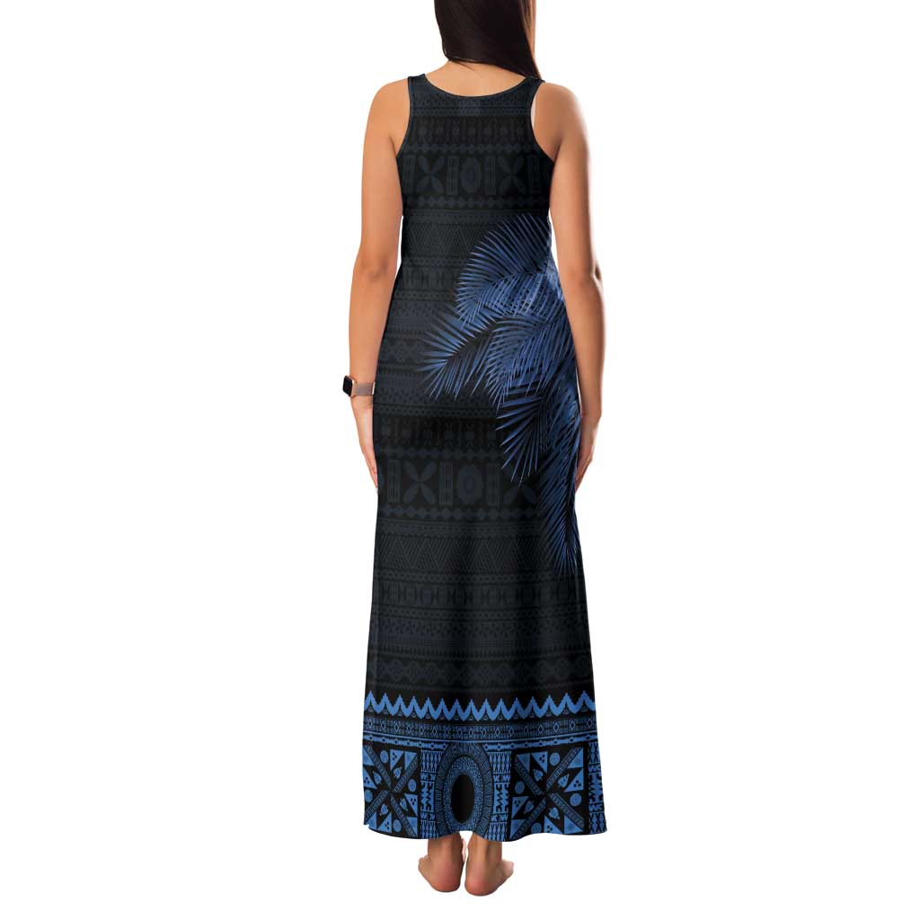 Fiji Palm Leaves Tank Maxi Dress Masi and Tapa Tribal Pattern Blue Color