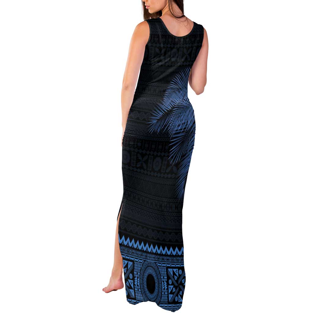 Fiji Palm Leaves Tank Maxi Dress Masi and Tapa Tribal Pattern Blue Color