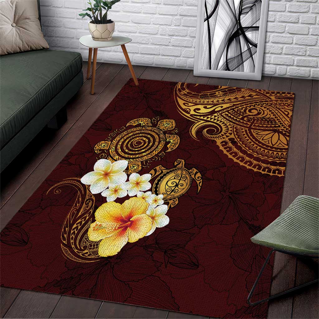 Polynesian Turtle Area Rug Plumeria Hibiscus Pattern Oxblood