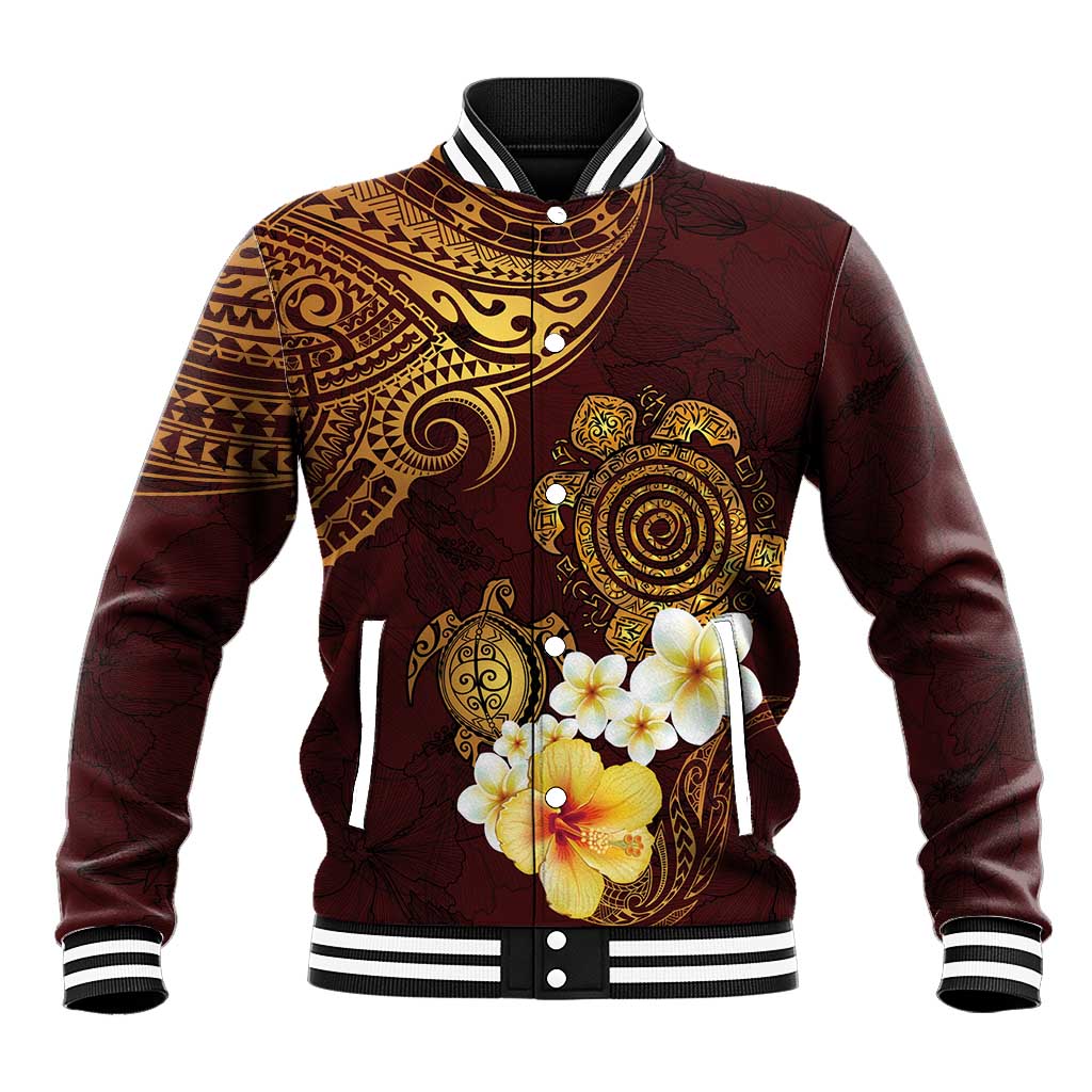 Polynesian Turtle Baseball Jacket Plumeria Hibiscus Pattern Oxblood