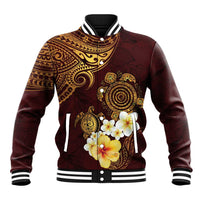 Polynesian Turtle Baseball Jacket Plumeria Hibiscus Pattern Oxblood