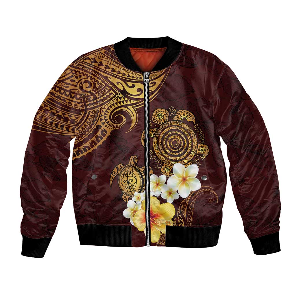 Polynesian Turtle Bomber Jacket Plumeria Hibiscus Pattern Oxblood