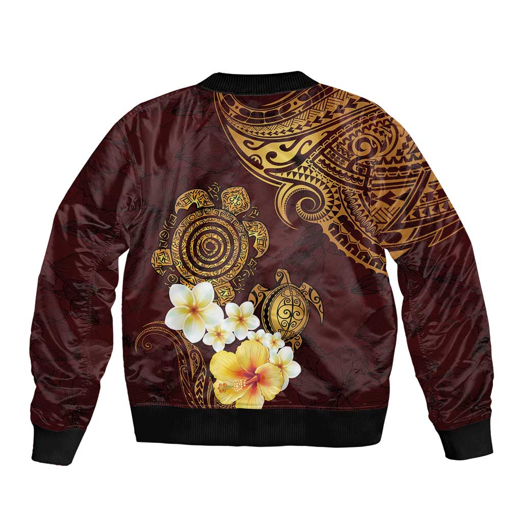 Polynesian Turtle Bomber Jacket Plumeria Hibiscus Pattern Oxblood