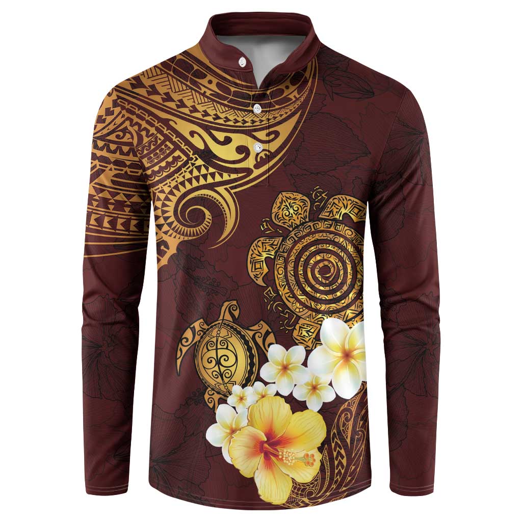 Polynesian Turtle Button Sweatshirt Plumeria Hibiscus Pattern Oxblood